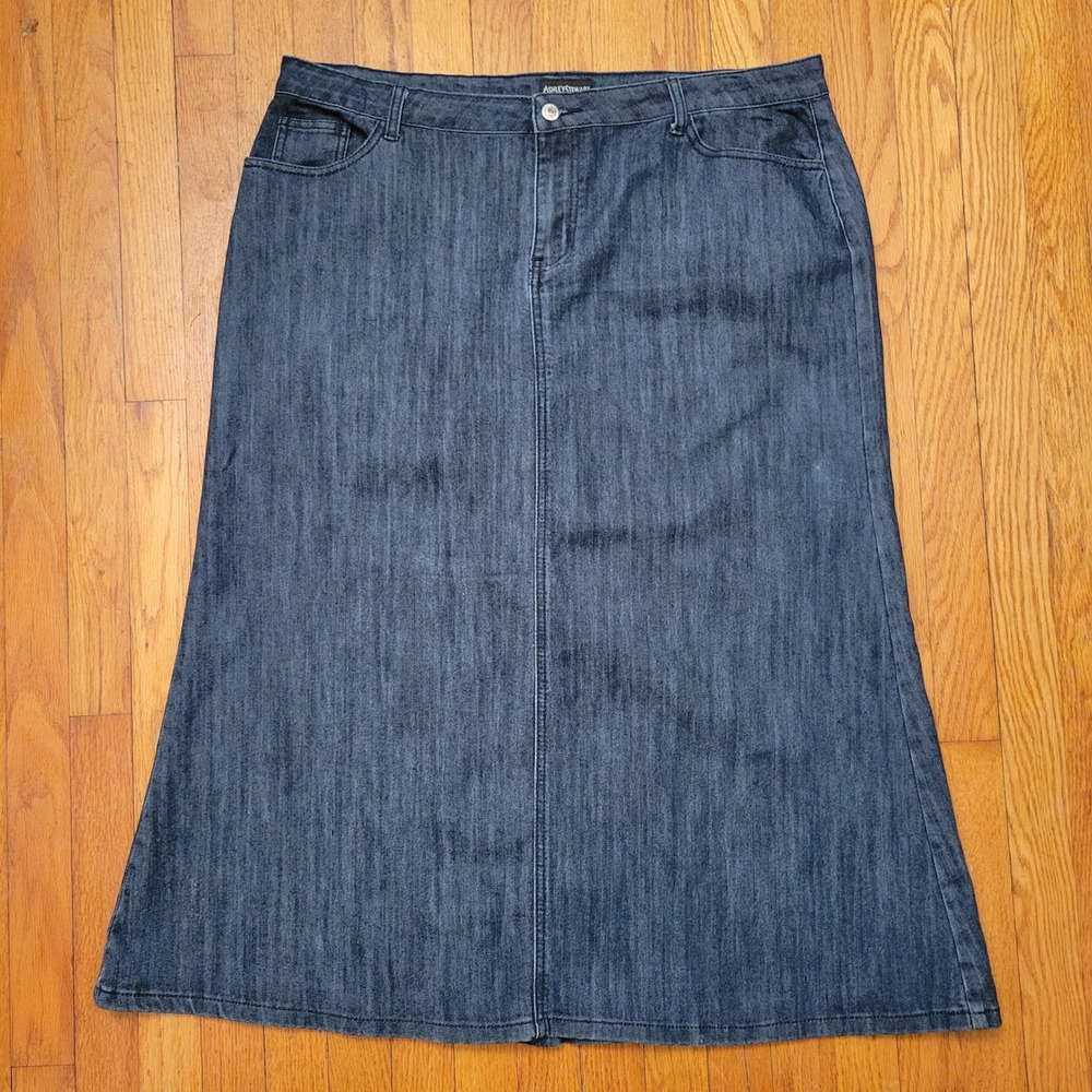 Ashley Stewart Dark Wash Denim Maxi Skirt 18 A Line Embellished Pleats Western‎